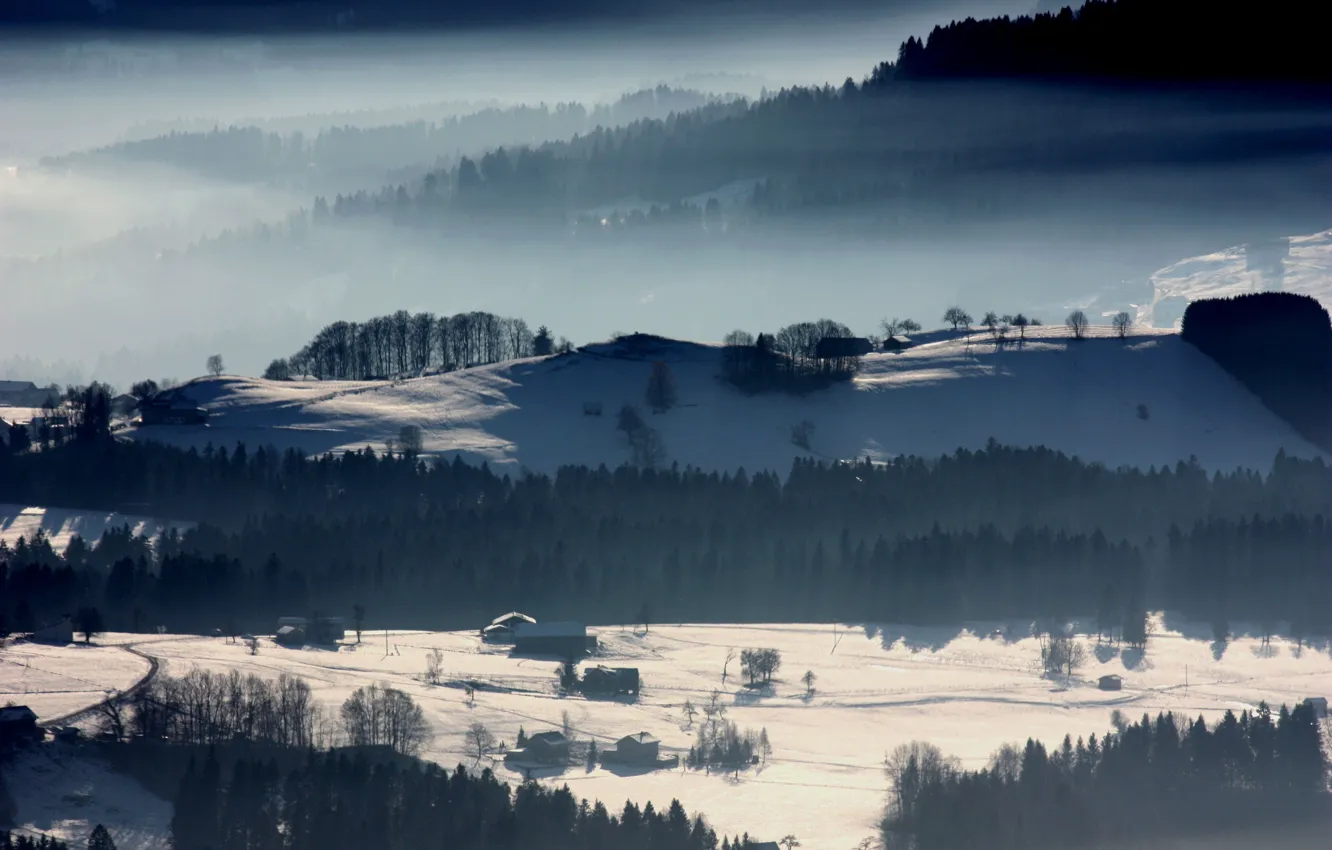 Фото обои зима, холмы, деревня, forest, winter, snow, houses, cold