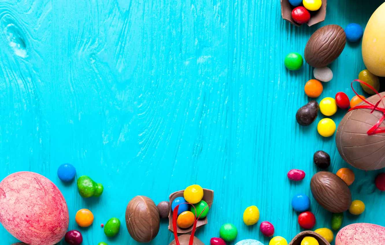 Фото обои фон, праздник, шоколад, яйца, конфеты, пасха, сладости, разноцветные