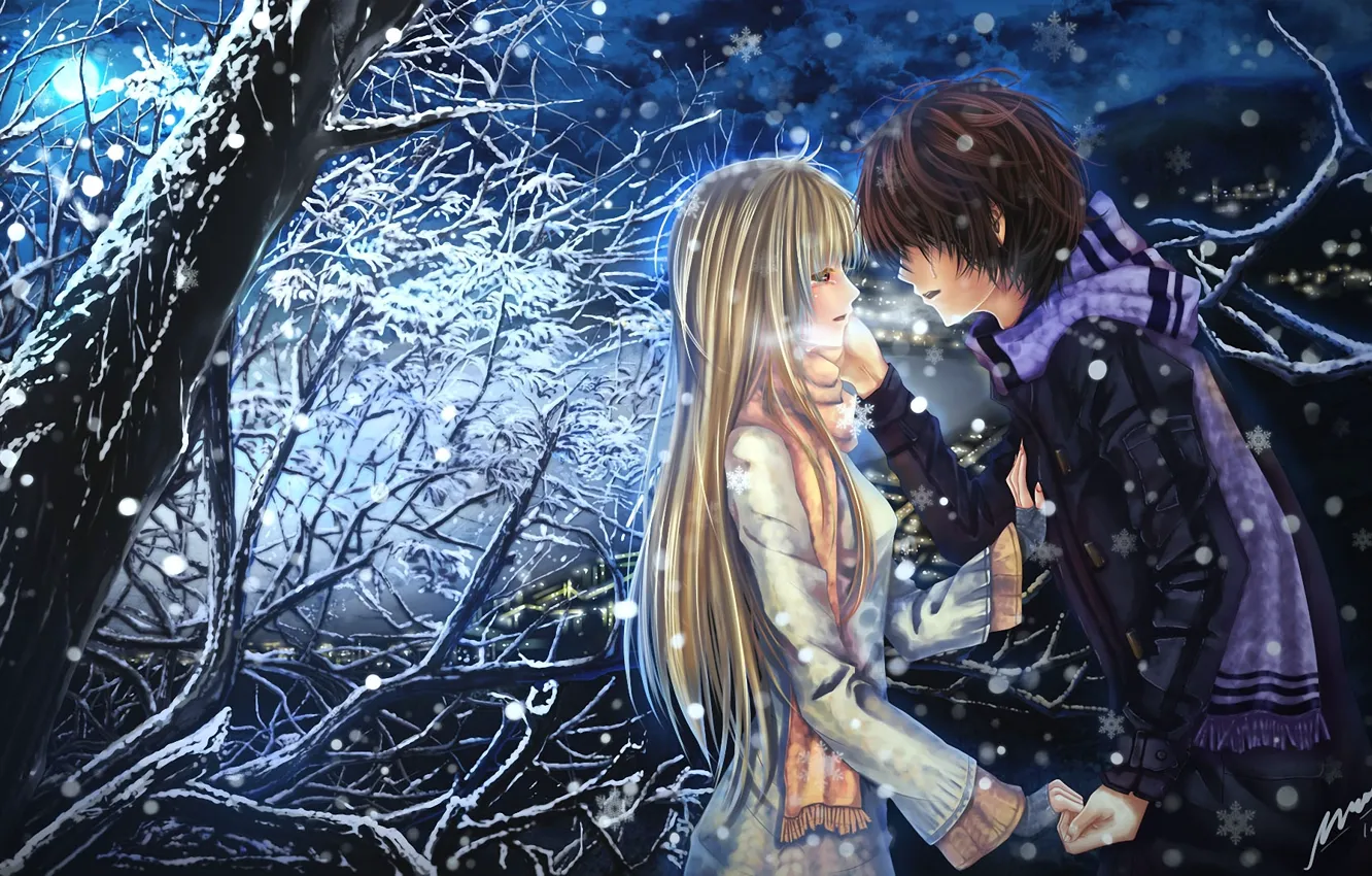 Фото обои девушка, снег, ночь, эмоции, дерево, луна, шарф, слезы