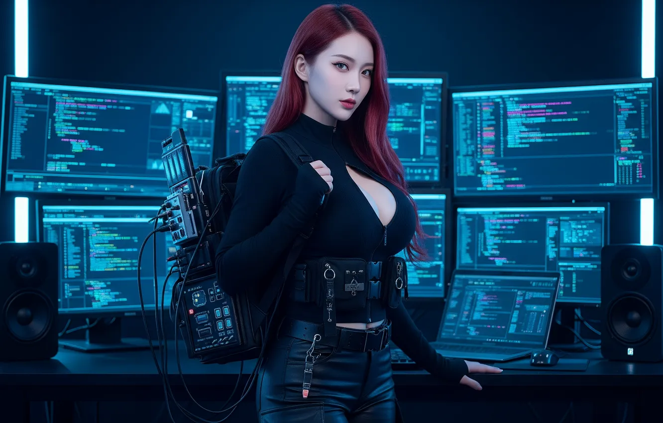 Фото обои cleavage, redhead, asian, monitor, Hacking, speakers, AI Art, notebooks