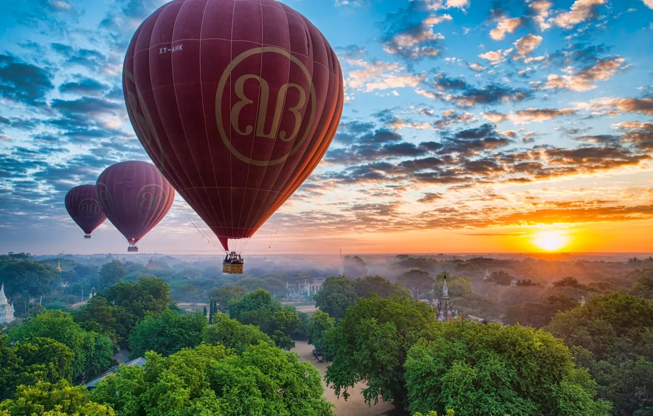 Фото обои небо, закат, воздушные шары, панорама, Мьянма, Бирма, Myanmar, Bagan