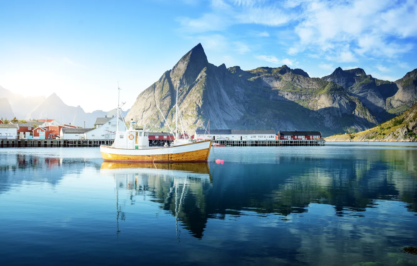 Фото обои Дома, Море, Горы, Город, Норвегия, Катера, Lofoten Islands