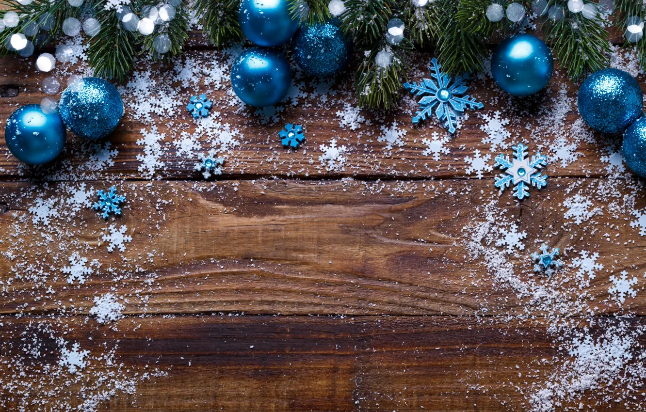 Фото обои снег, снежинки, шары, елка, Новый Год, Рождество, Christmas, balls