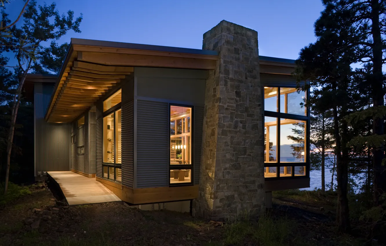 Фото обои лес, стиль, река, дома, вечер, архитектура