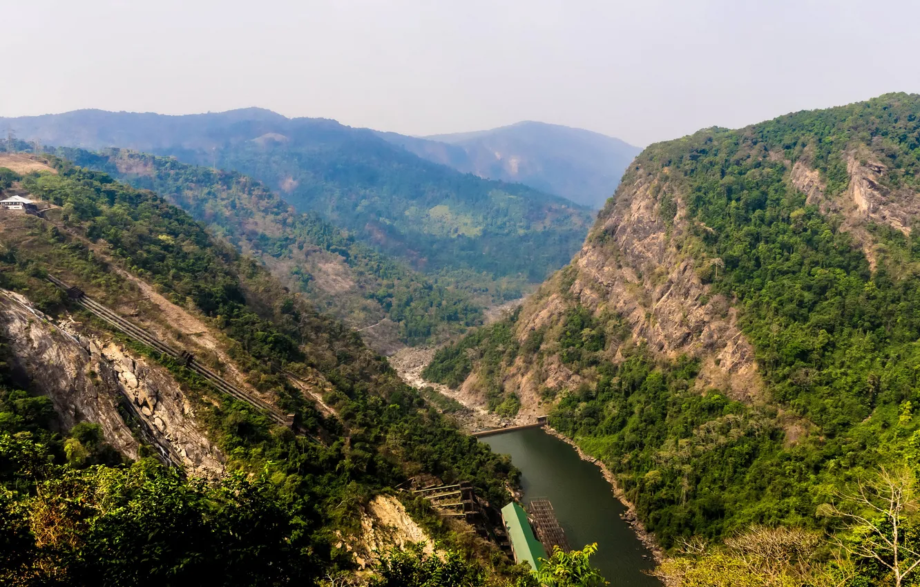 Фото обои лес, горы, река, Индия, плотина, ущелье, вид сверху, Karnataka