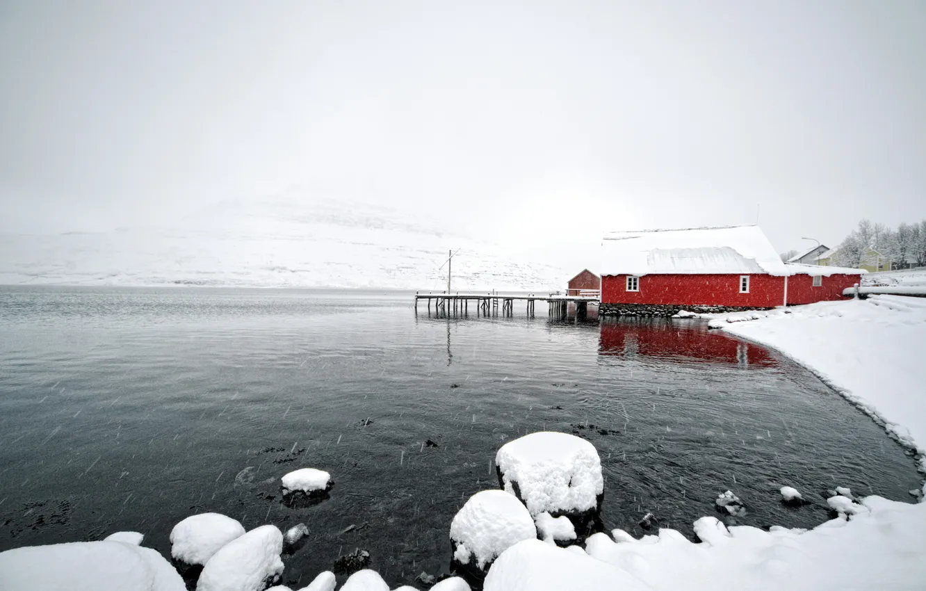 Фото обои зима, снег, озеро, дом