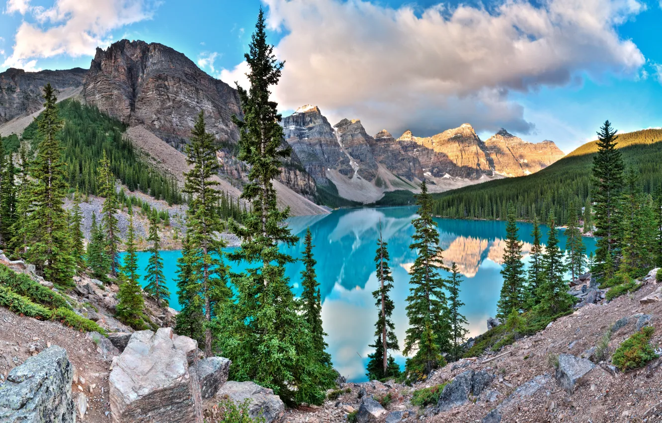 Фото обои деревья, горы, озеро, камни, Banff National Park, Alberta, Canada, Moraine Lake