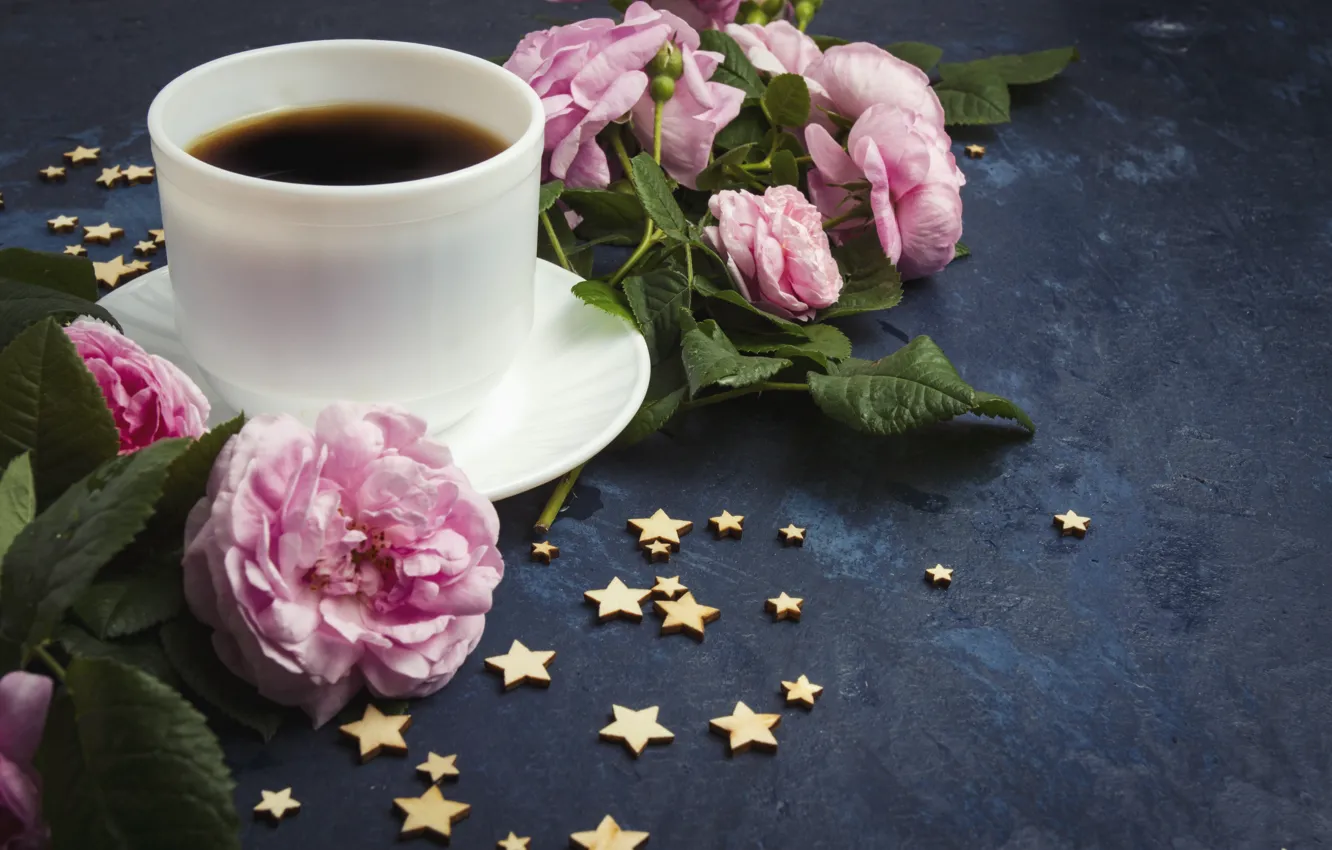 Фото обои кофе, розы, dark, чашка, pink, stars, cup, coffee