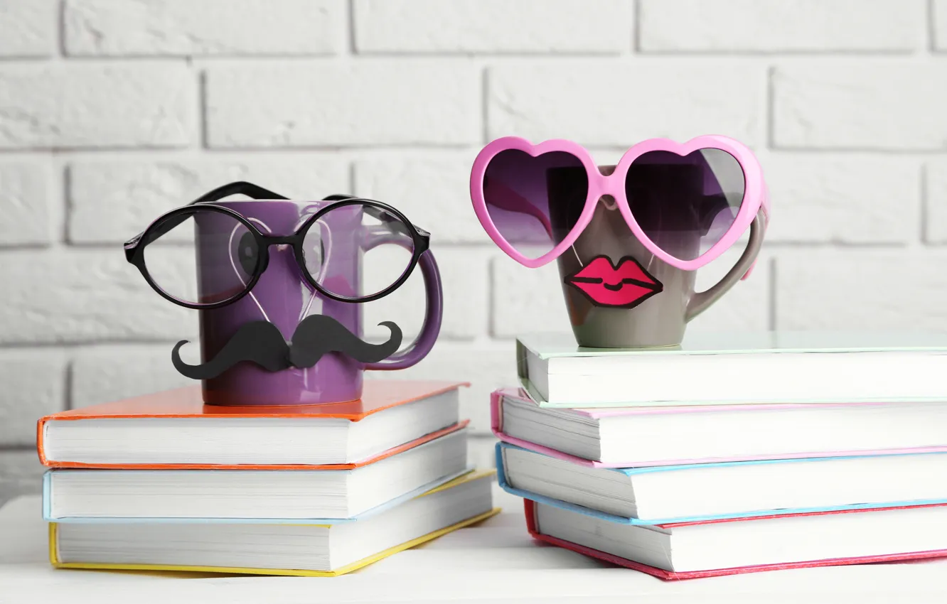 Фото обои книги, кофе, очки, кружка, cup, lips, funny, glasses