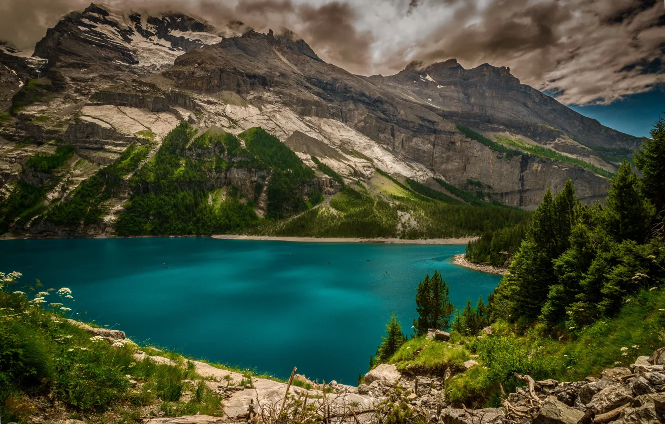 Фото обои лес, облака, деревья, горы, озеро, камни, скалы, Швейцария