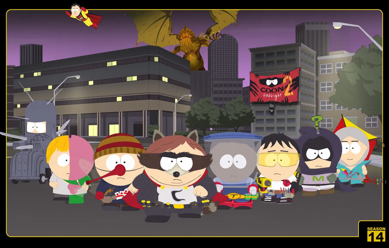 Фото обои енот, команда, South Park, coon, супер герои, Капитан очевидность, кэп