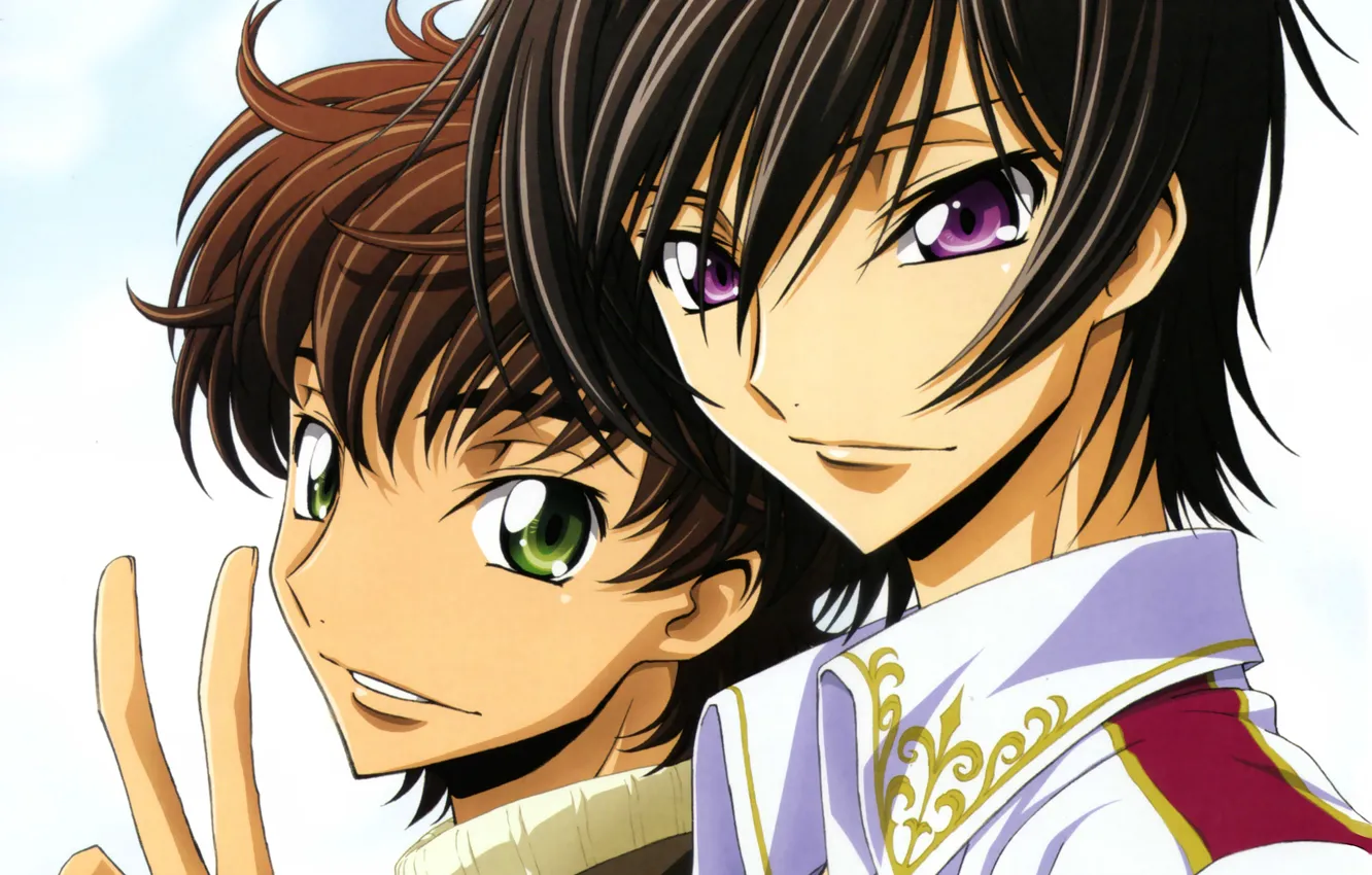 Фото обои улыбка, друзья, code geass, lelouch lamperouge, два парня, suzaku kururugi, жест V, by takahiro himura