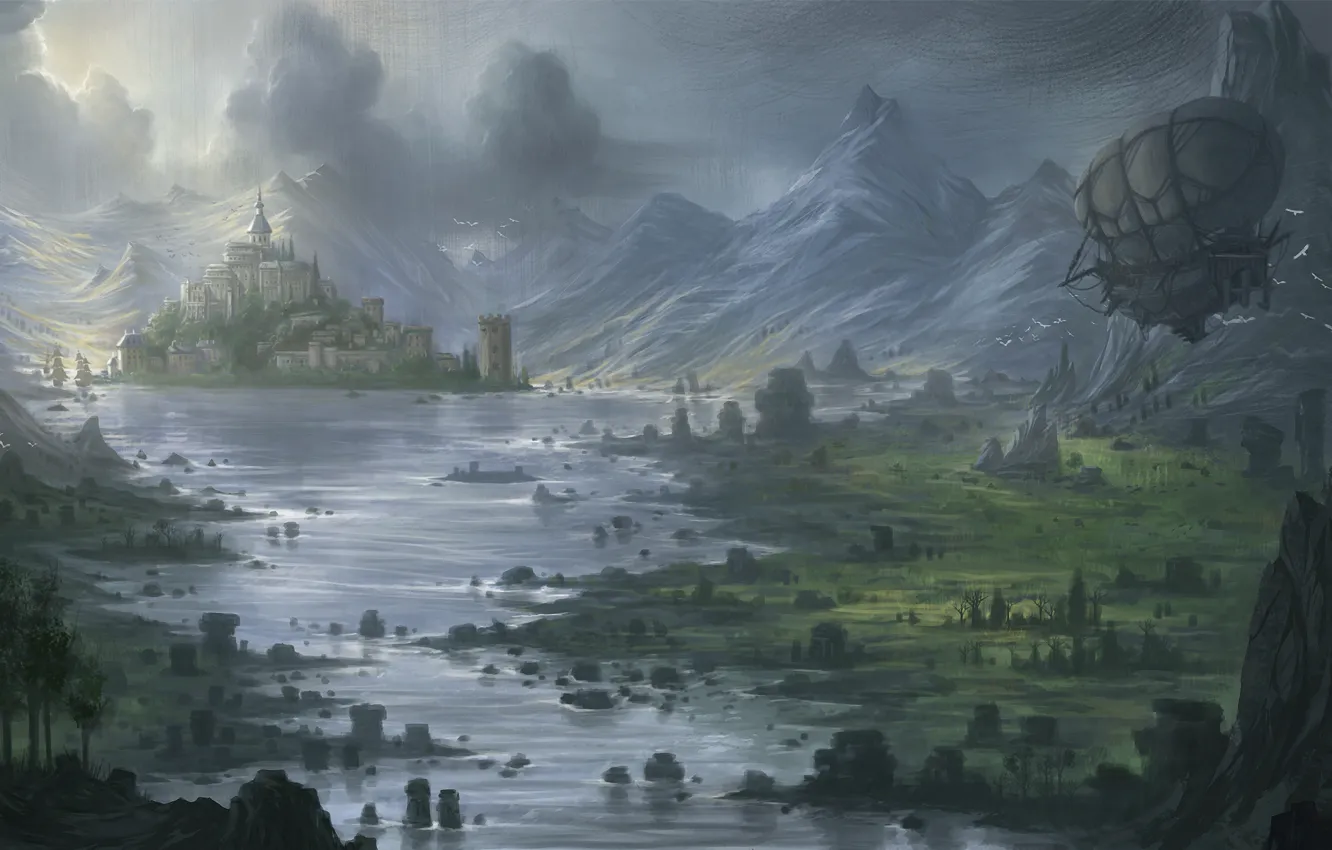 Фото обои горы, река, замок, долина, арт, дирижабль