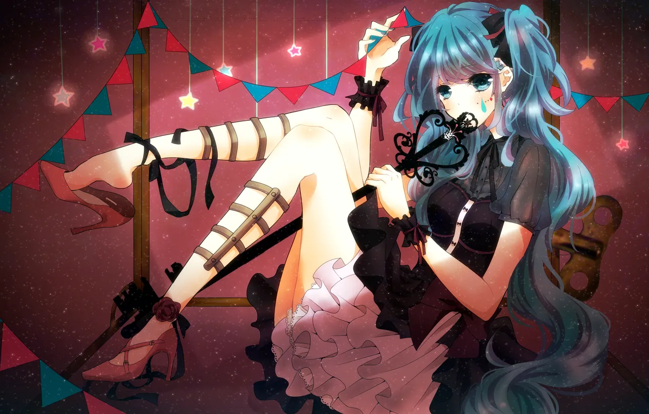 Фото обои девушка, звезды, ленты, ключ, арт, vocaloid, hatsune miku, флажки