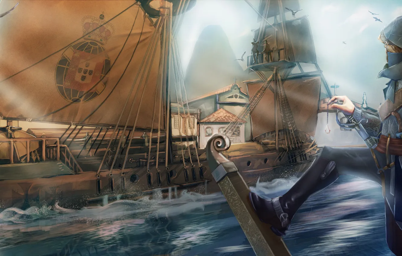 Фото обои море, корабль, арт, assasins creed, ассасин