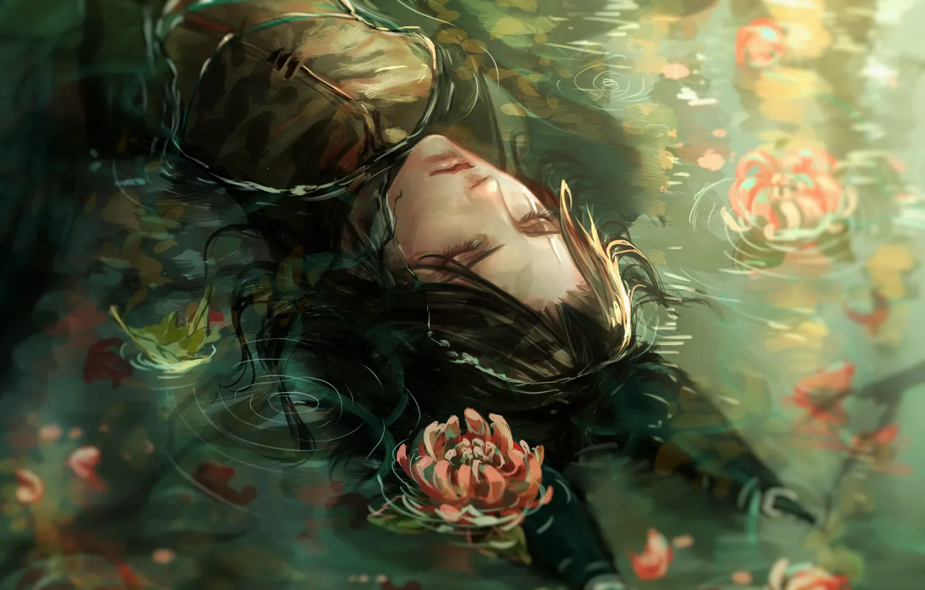 Фото обои парень, черные волосы, хризантемы, в воде, закрытые глаза, лисьи ушки, лежит на спине, Cecile