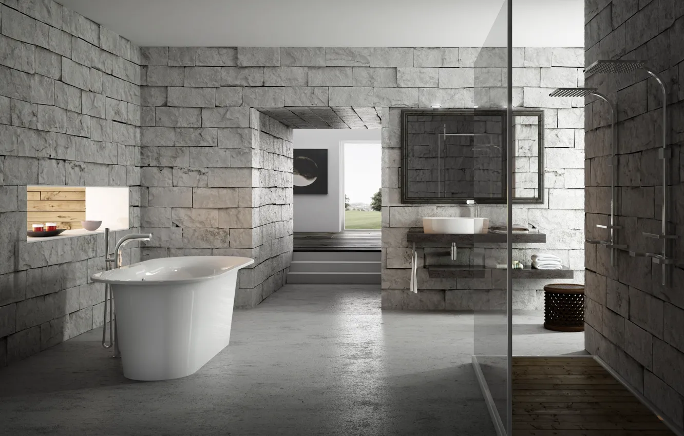 Фото обои дизайн, серый, интерьер, кирпич, ванна, ванная комната