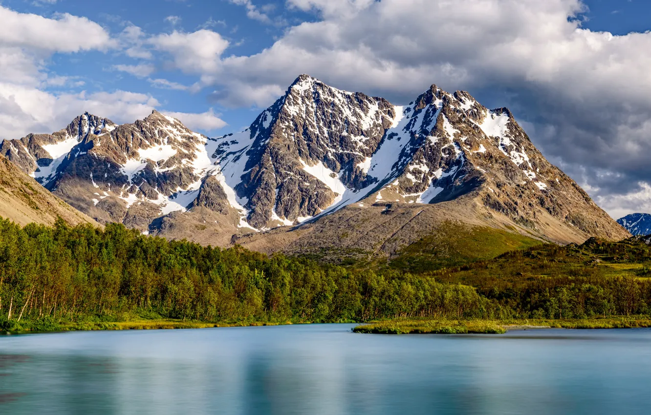 Фото обои лес, горы, озеро, Норвегия, Norway, Тромс, Lyngen Alps, Troms county