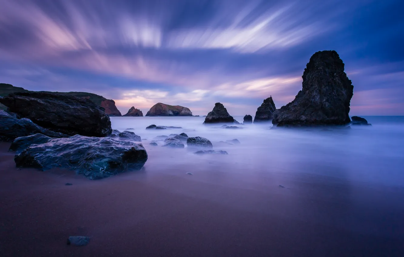 Фото обои небо, пролив, камни, океан, скалы, берег, вечер, Калифорния