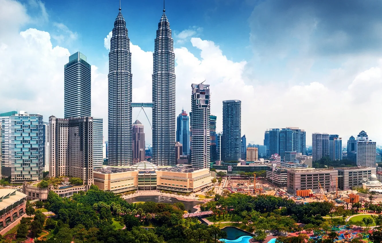 Фото обои здания, панорама, небоскрёбы, Малайзия, Kuala Lumpur, Malaysia, Куала-Лумпур, Башни Петронас