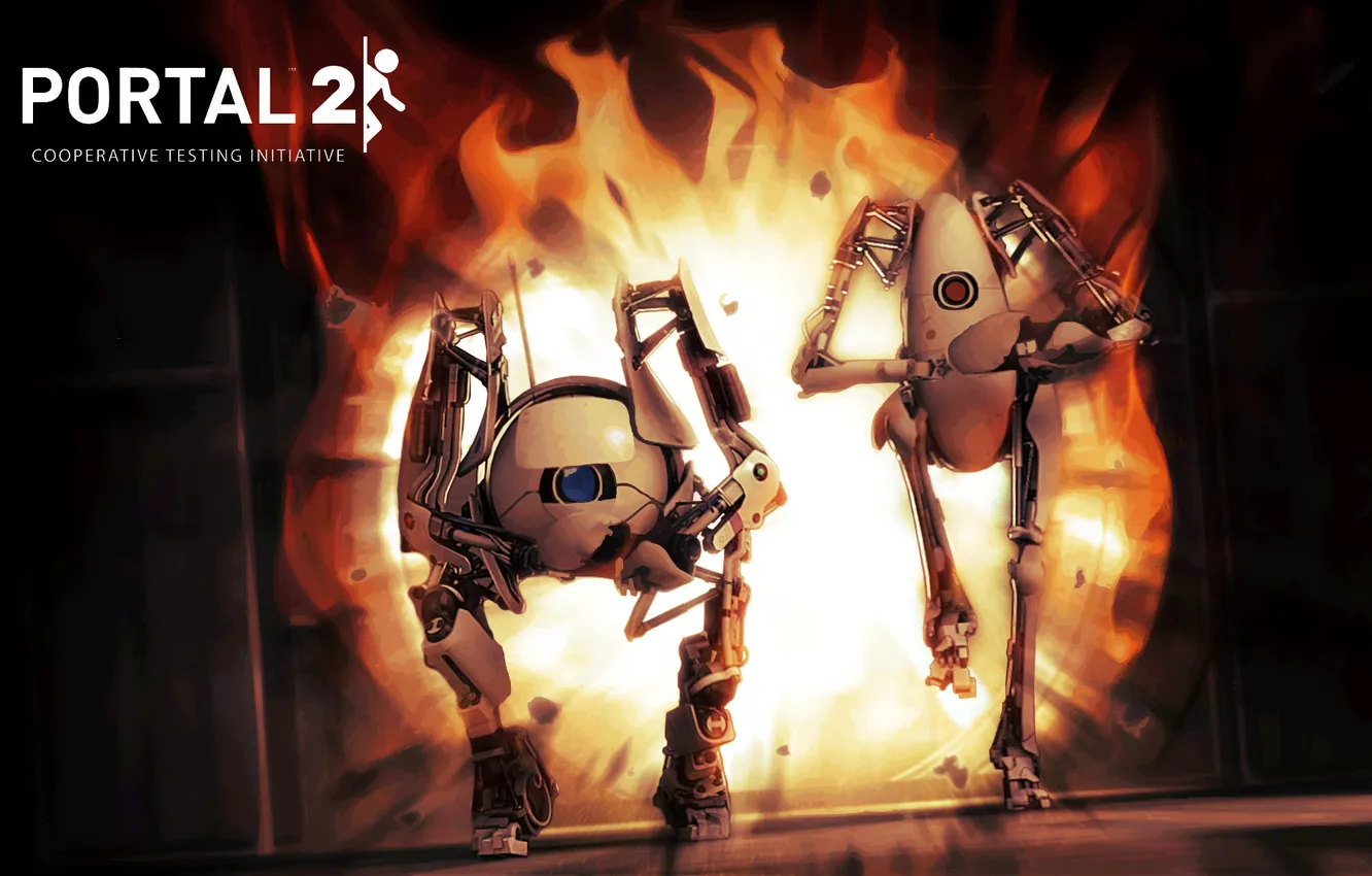 Фото обои Огонь, Роботы, Robots, Valve, Portal 2