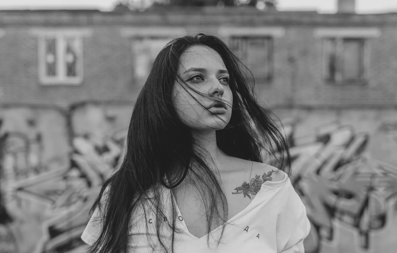 Фото обои девушка, граффити, портрет, чёрно-белое, Roosso alex