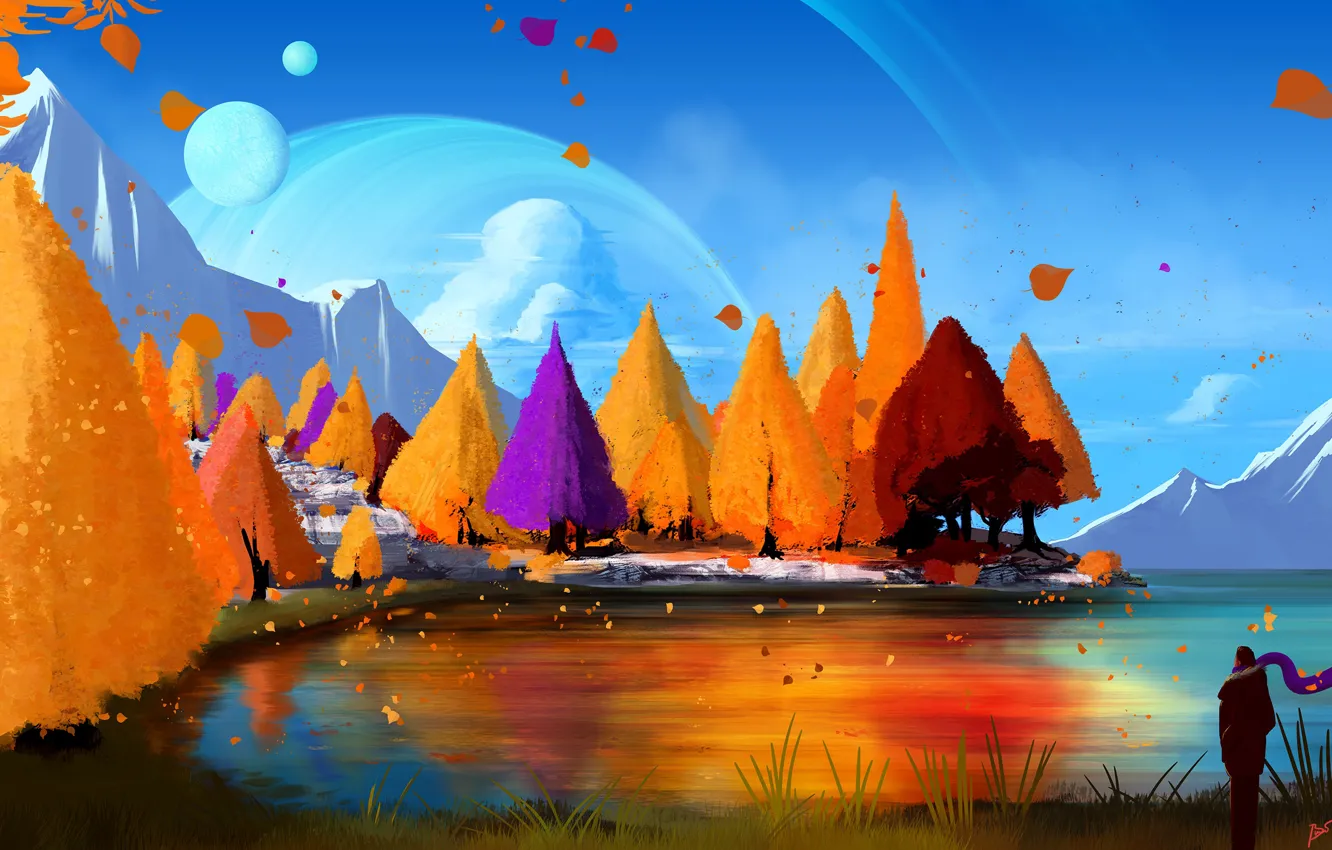 Фото обои Рисунок, Осень, Озеро, Деревья, Человек, Лес, Планета, Стиль