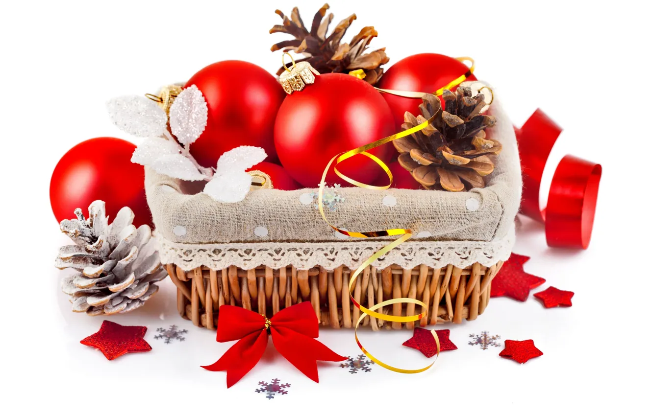 Фото обои снежинки, праздник, шары, игрушки, красные, белый фон, Новый год, корзинка