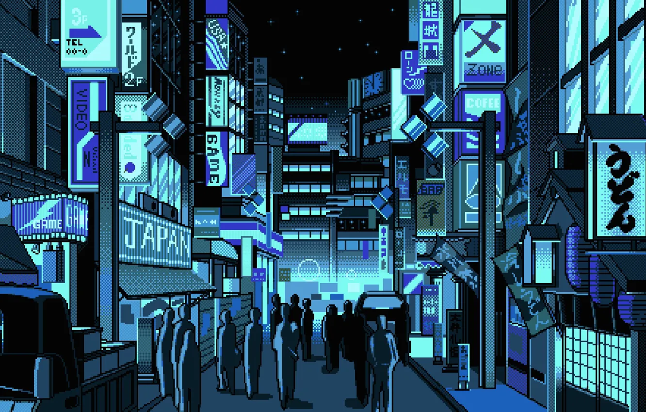 Фото обои Город, Япония, Люди, Арт, Пиксели, PXL
