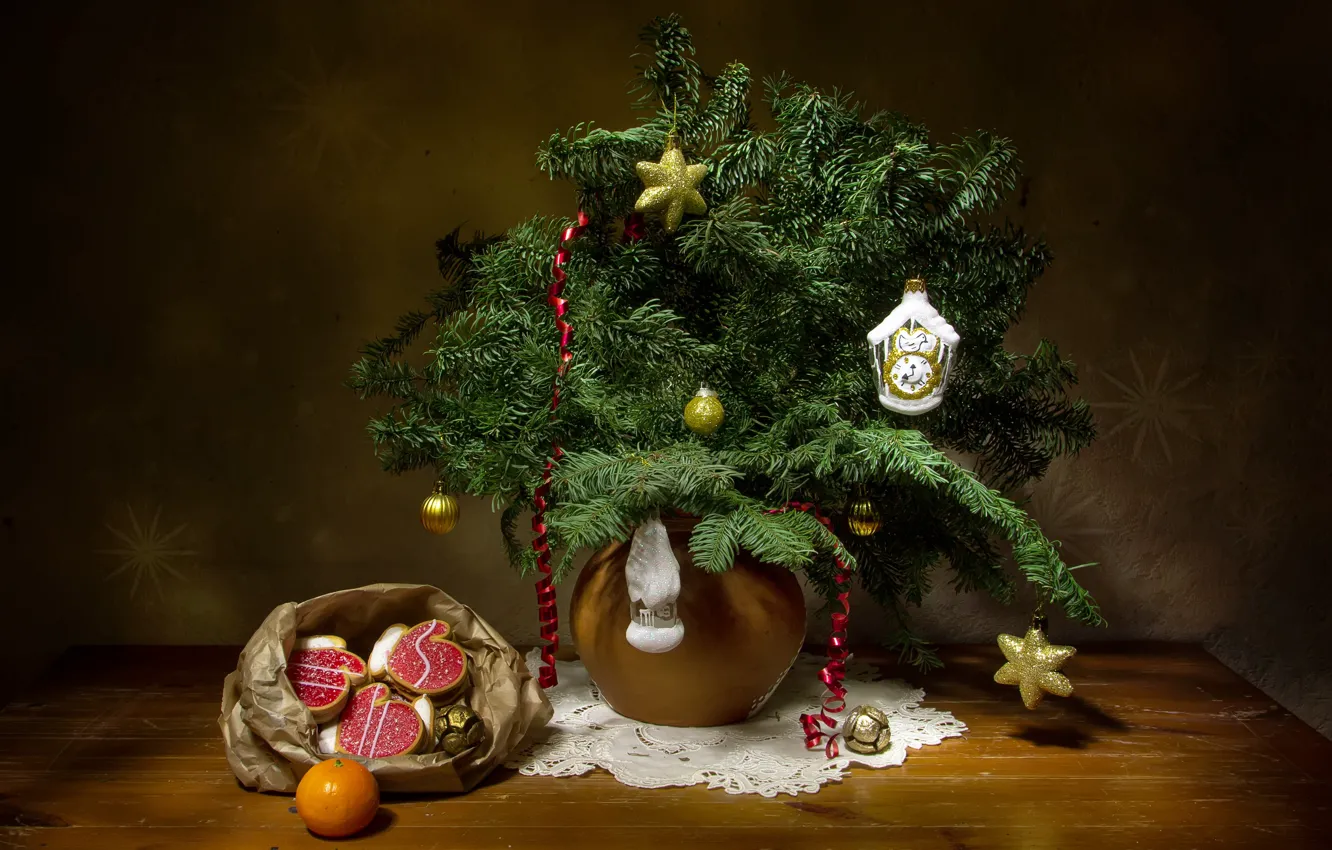 Фото обои украшения, ветки, праздник, игрушки, новый год, ель, натюрморт, мешок