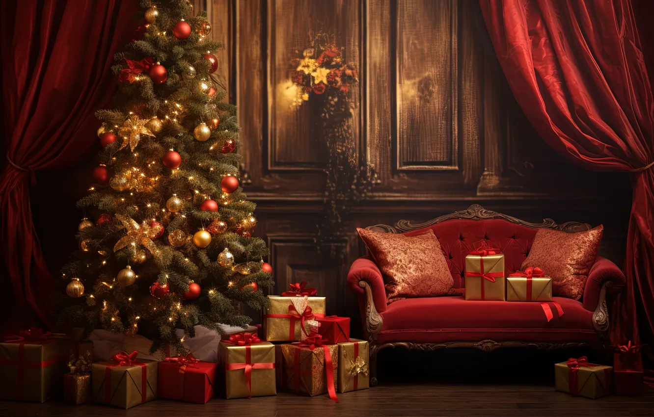 Фото обои украшения, комната, диван, шары, елка, интерьер, Новый Год, Рождество