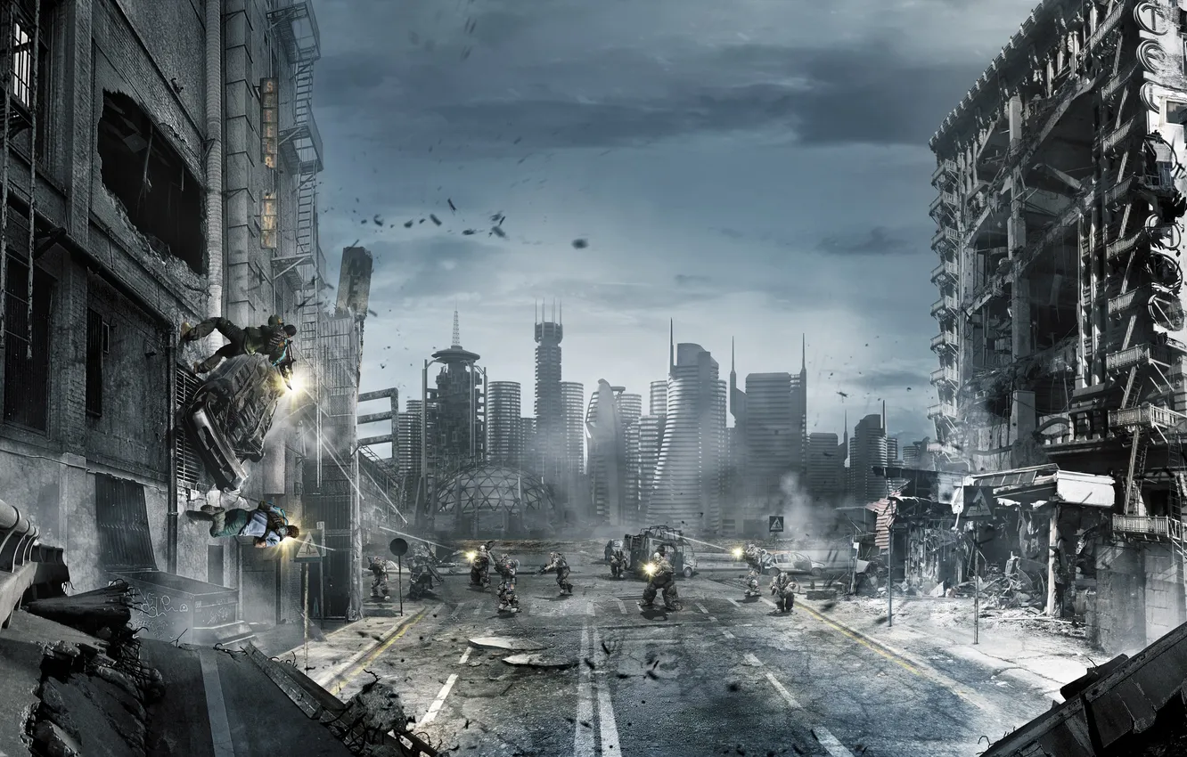 Фото обои город, люди, улица, бой, развалины, Inversion