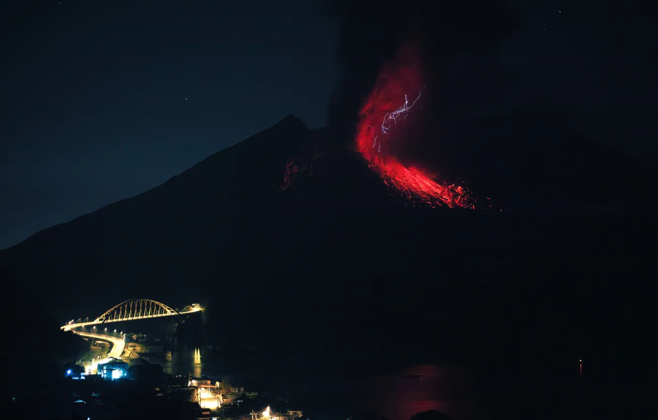 Фото обои город, огонь, стихия, вулкан, извержение, лава, Сакурадзима