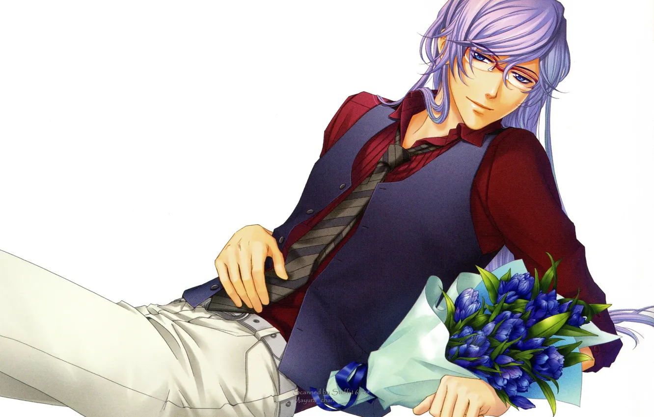 Фото обои галстук, букет цветов, длинные волосы, жилетка, visual novel, полулежа, парень в очках, Kiniro no Corda …