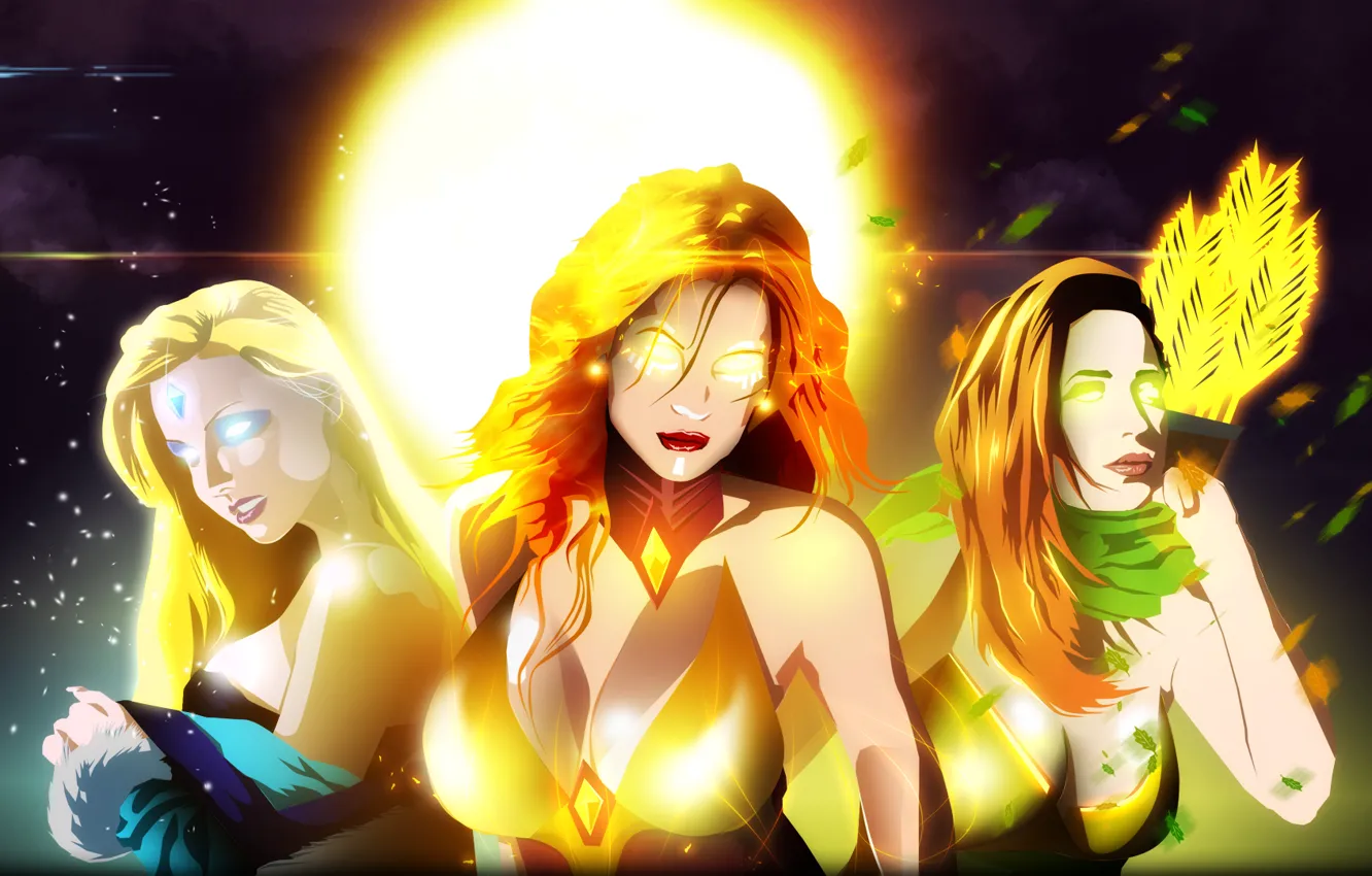 Фото обои девушка, пламя, магия, искры, стрелы, Valve, Crystal Maiden, Lina Inverse