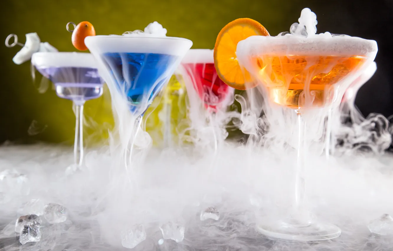 Фото обои лед, апельсин, бокалы, пар, коктейль, разноцветный, Cocktail, Drinks