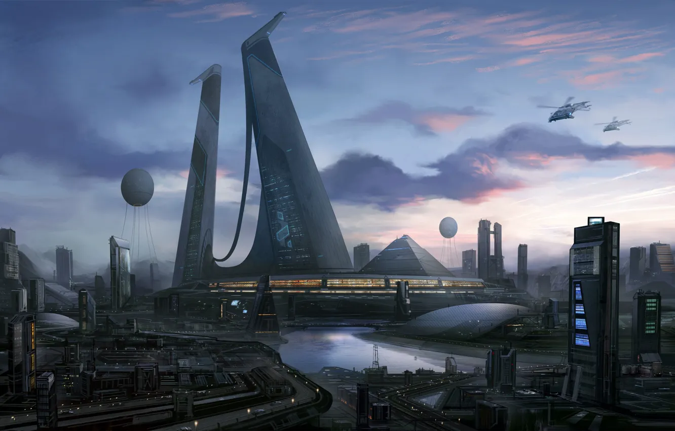 Фото обои город, будущее, здания, небоскребы, sci-fi art