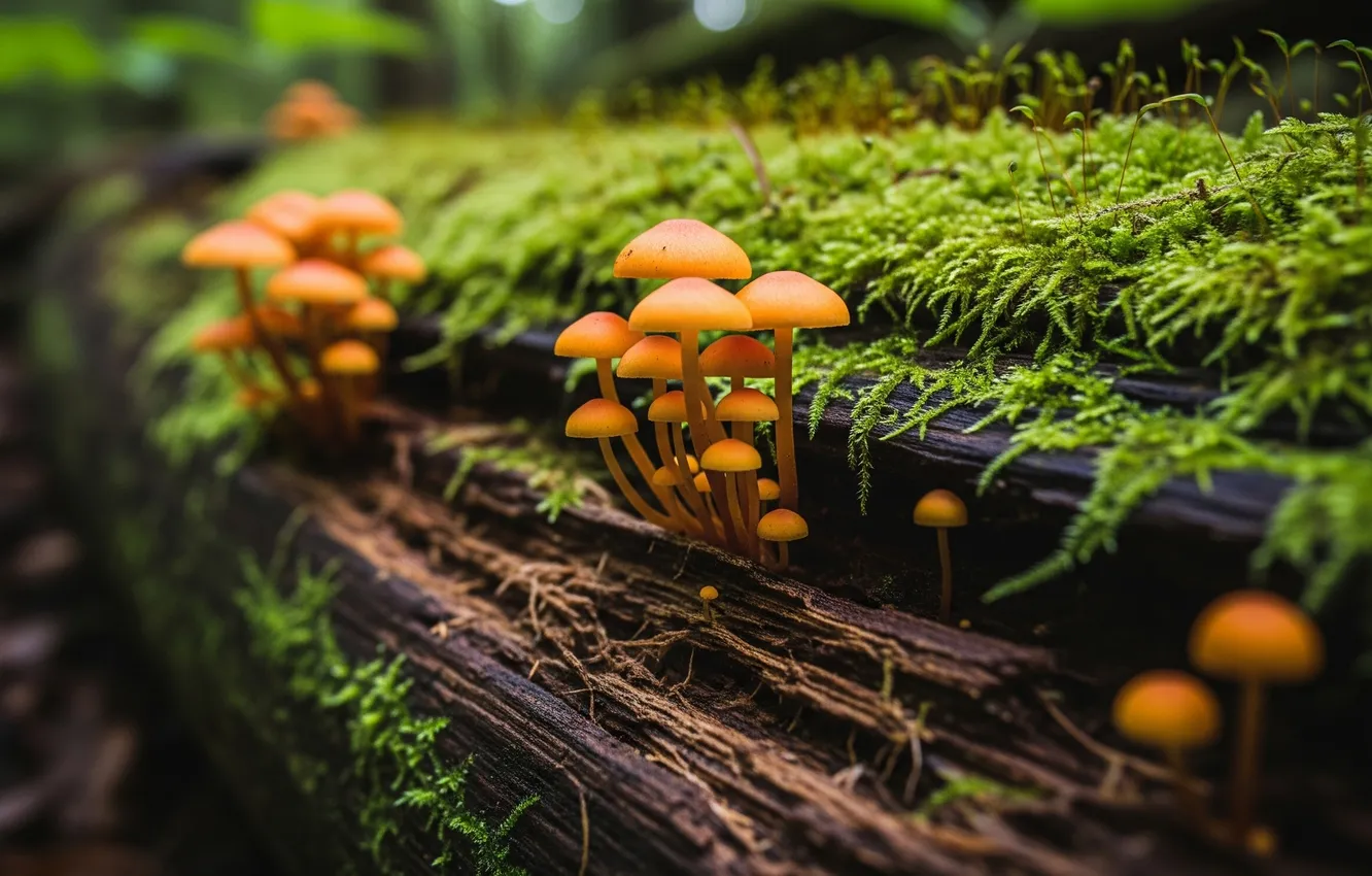 Фото обои природа, обои, грибы, мох, wallpaper, бревно, nature, mushrooms