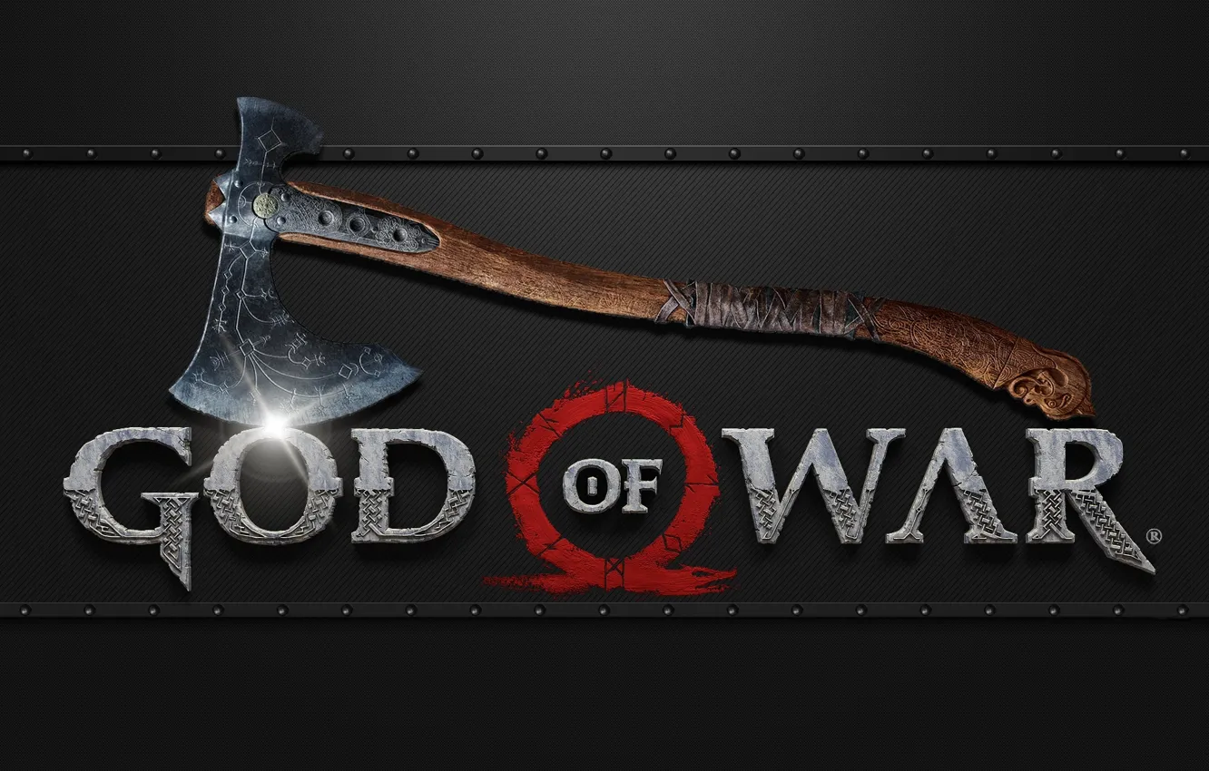 Фото обои axe, logo, game, god of war, weapon, kratos, wood, blade