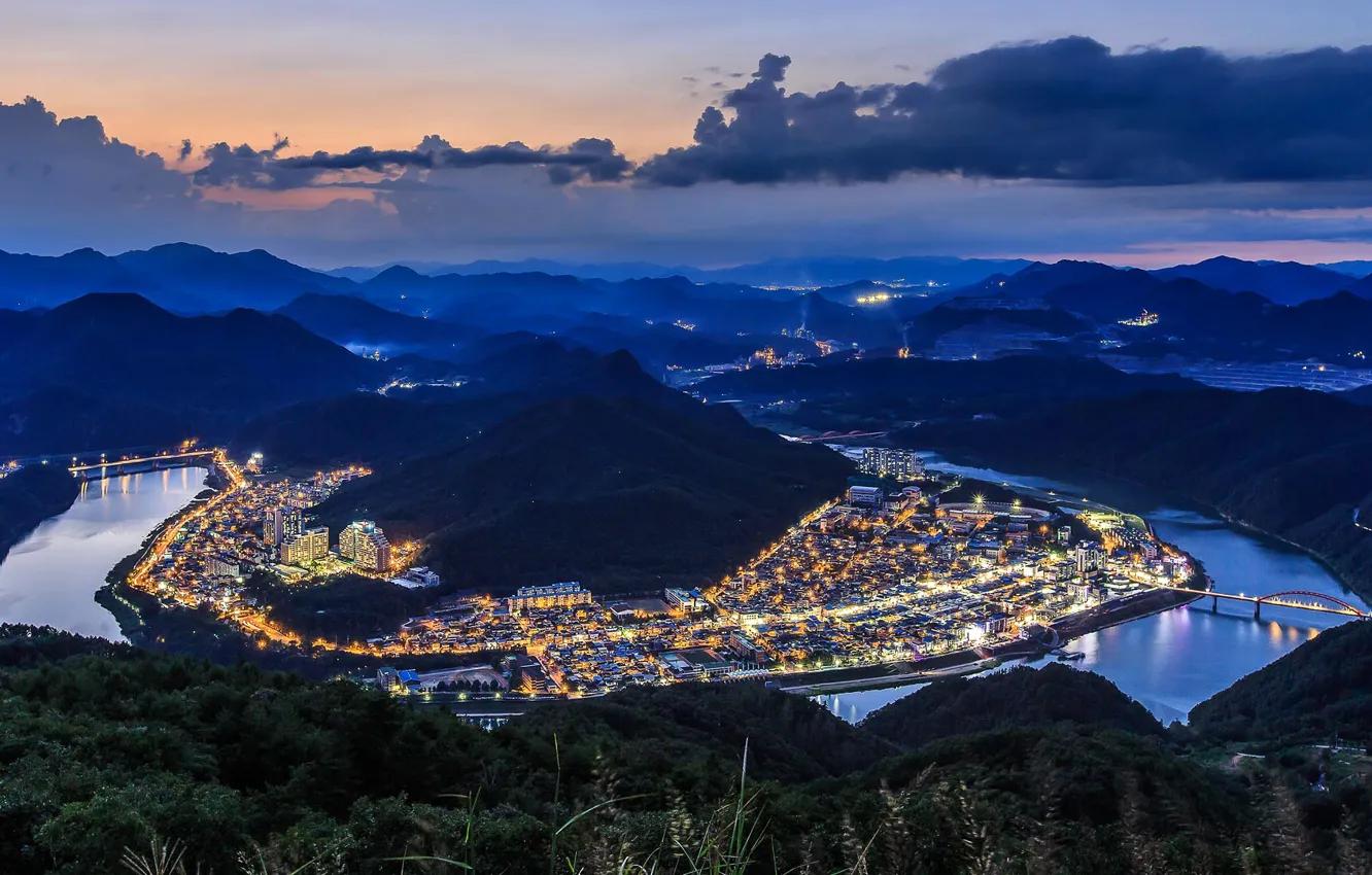 Фото обои горы, огни, река, Южная Корея, Северный Чхунчхон