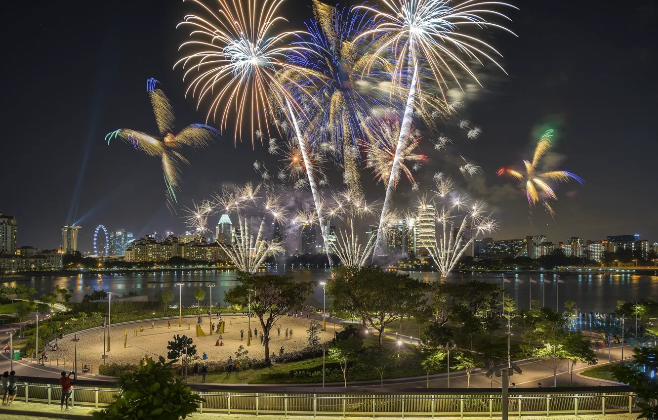Фото обои ночь, город, салют, Сингапур, Singapore city