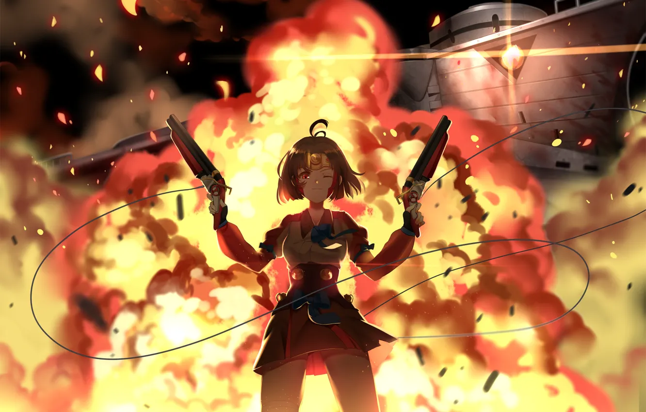 Фото обои девушка, оружие, огонь, пистолеты, взрывы, аниме, арт, greetload