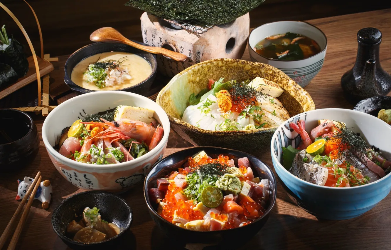Фото обои суши, морепродукты, блюда, сервировка, азиатская кухня