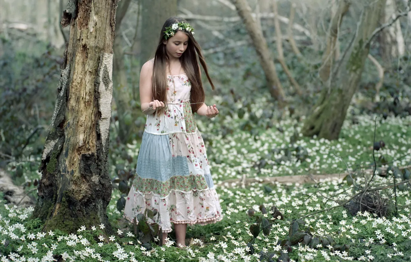 Фото обои лес, девушка, весна