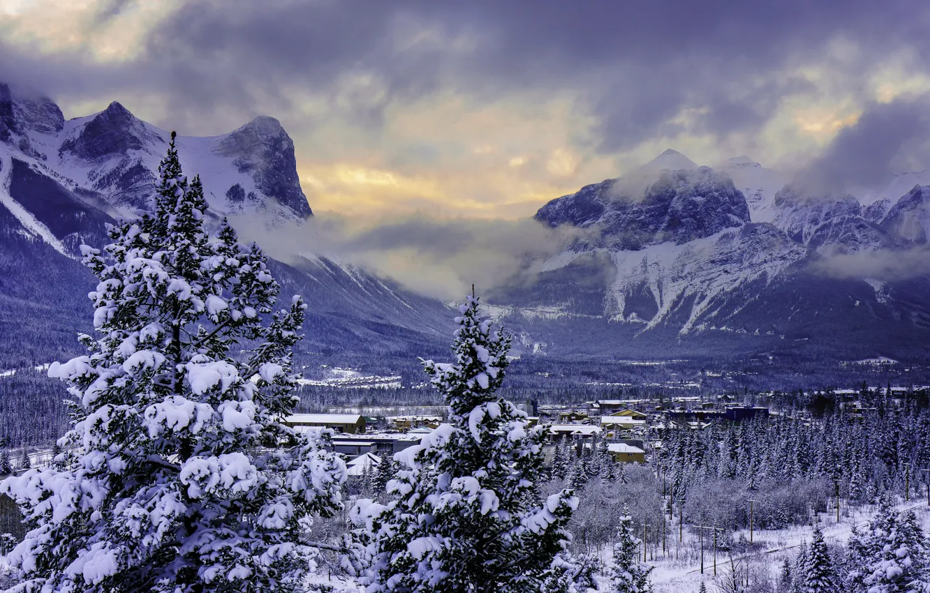 Фото обои зима, снег, горы, долина, Канада, Banff National Park, Alberta, Canmore