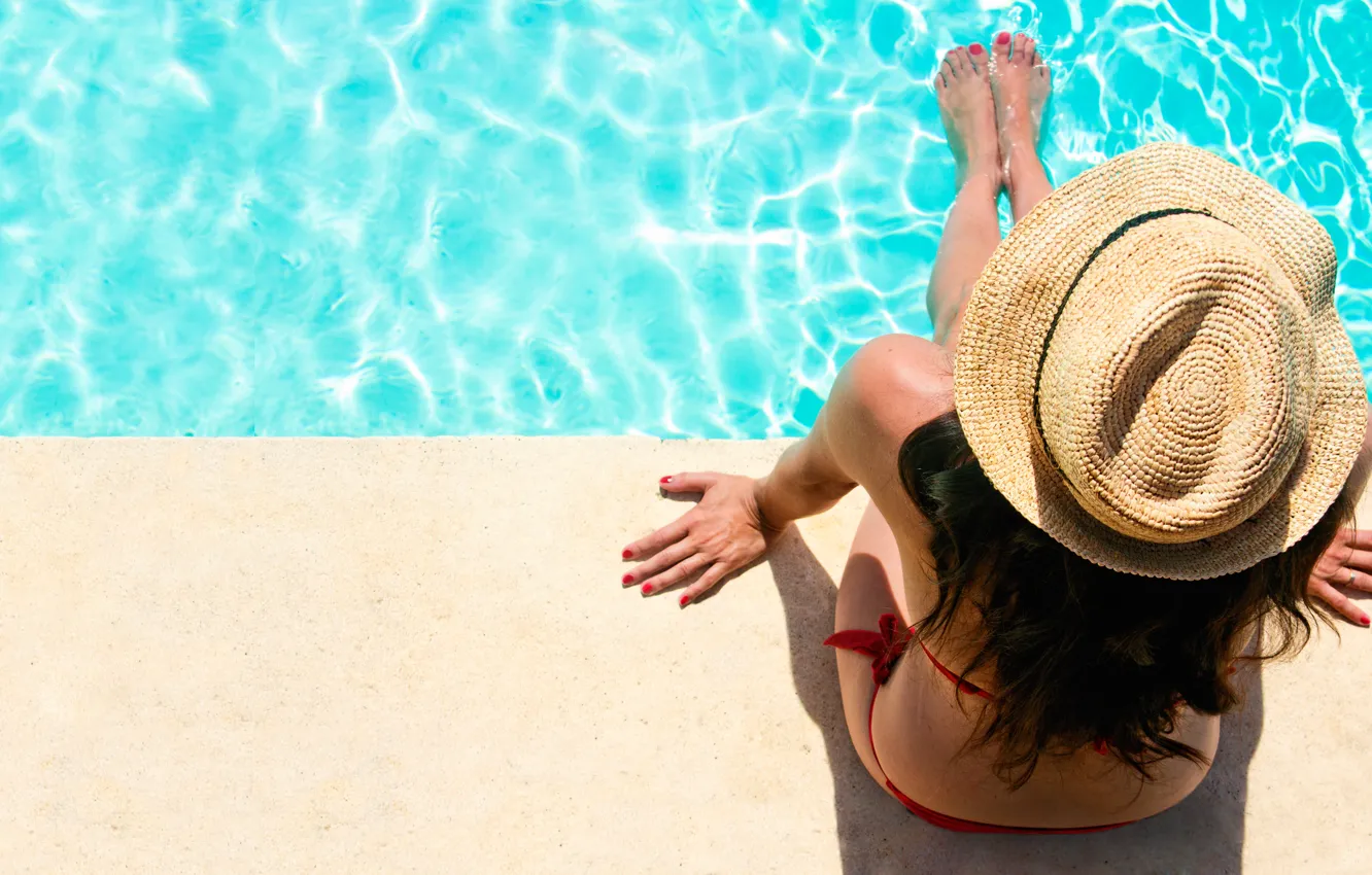 Фото обои лето, девушка, бассейн, шляпка