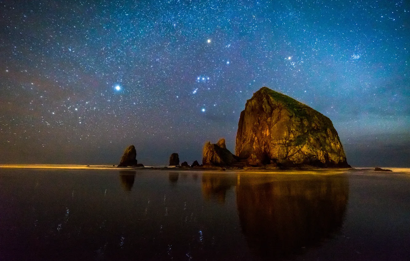 Фото обои космос, звезды, пруд, отражение, камень, зеркало, Млечный Путь, тайны