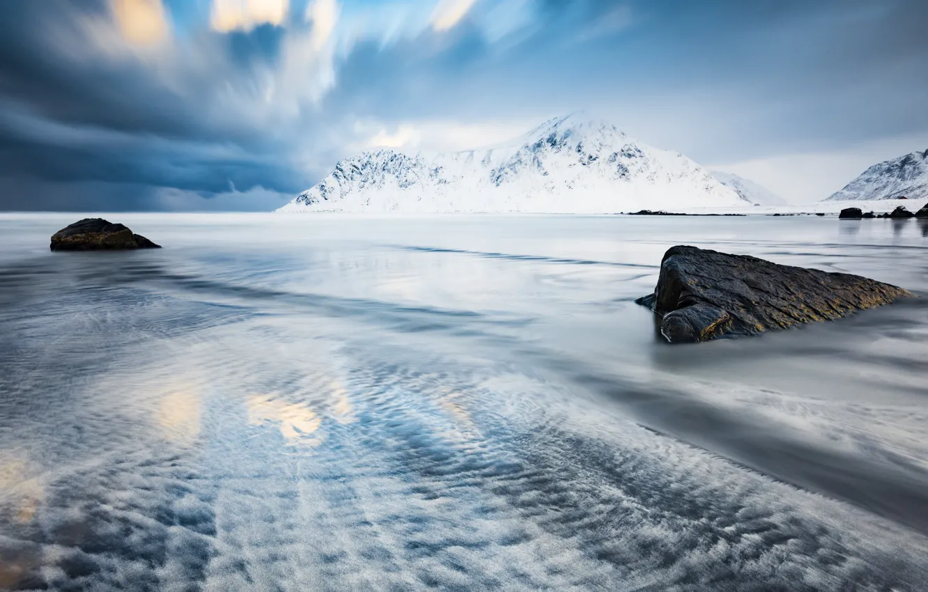 Фото обои море, вода, облака, снег, скалы, Норвегия, Norway, Лофотенские острова