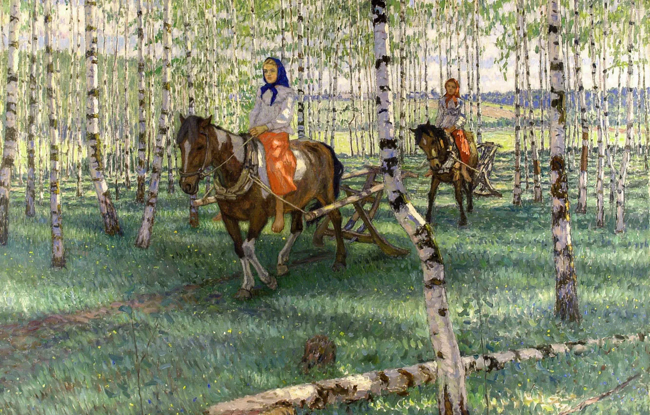 Фото обои лес, девушки, лошади, берёзы, Рига, 1921, На работу, Богданов-Бельский
