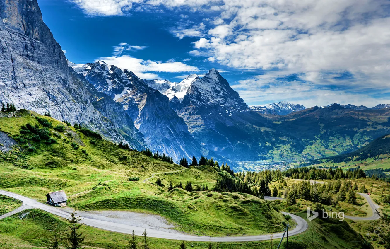 Фото обои дорога, горы, дом, Швейцария, перевал Grosse Scheidegg, Айгер, Эйгер